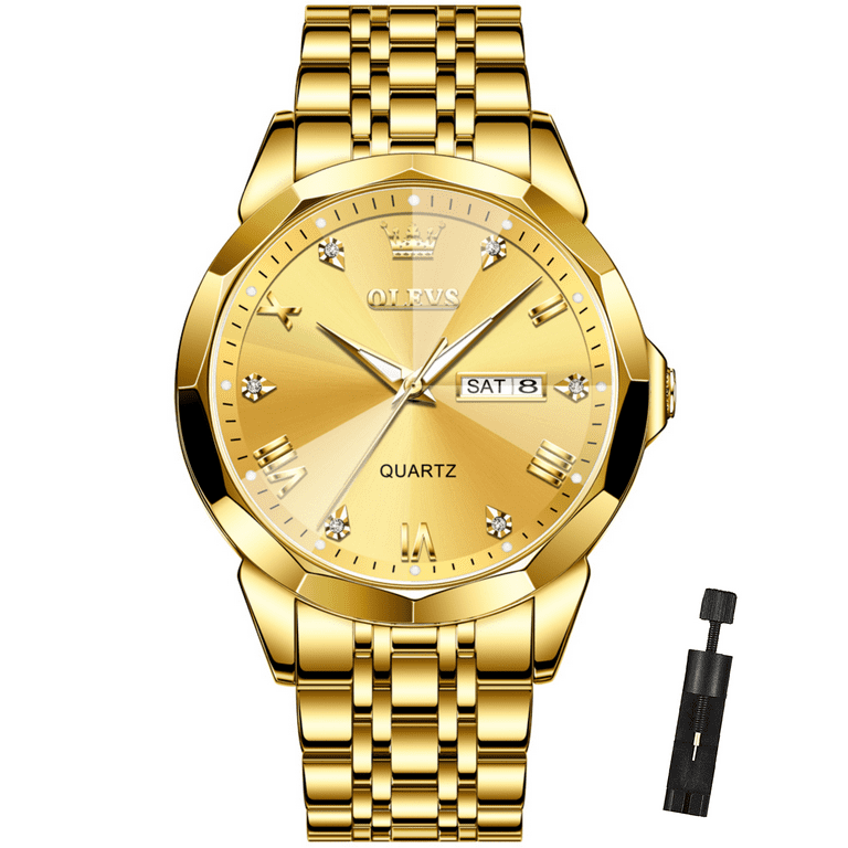 Free Shipping OLEVS Gold Watch for Men Diamond Luxury Casual Dress Stainless Steel Date Quartz Watch Waterproof Luminous Gifts for Men Adult Male Wristwatch Walmart