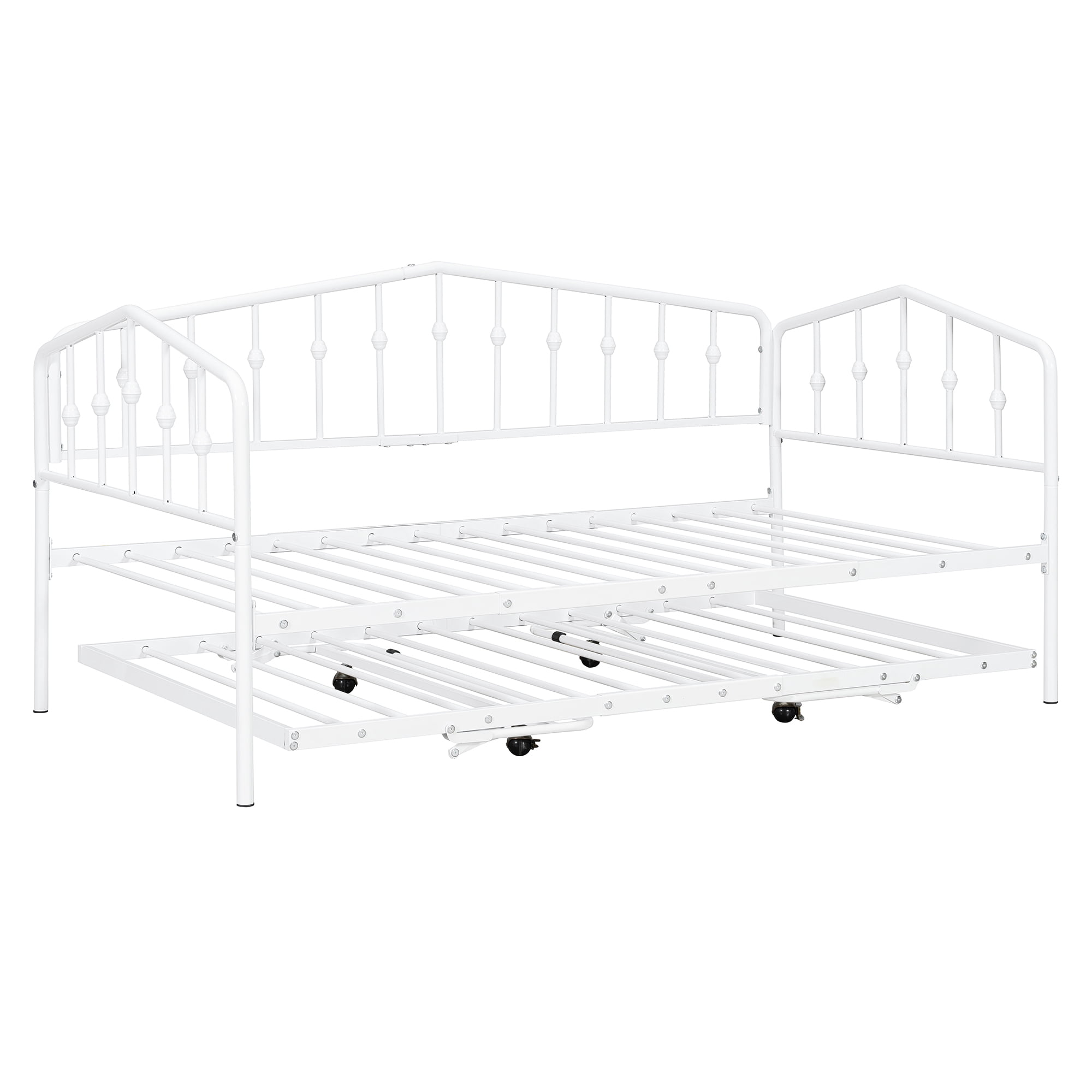 GARITIN Twin Size Metal Daybed with Adjustable Trundle, Portable Folding Trundle Bed Frame for Guest Room, White