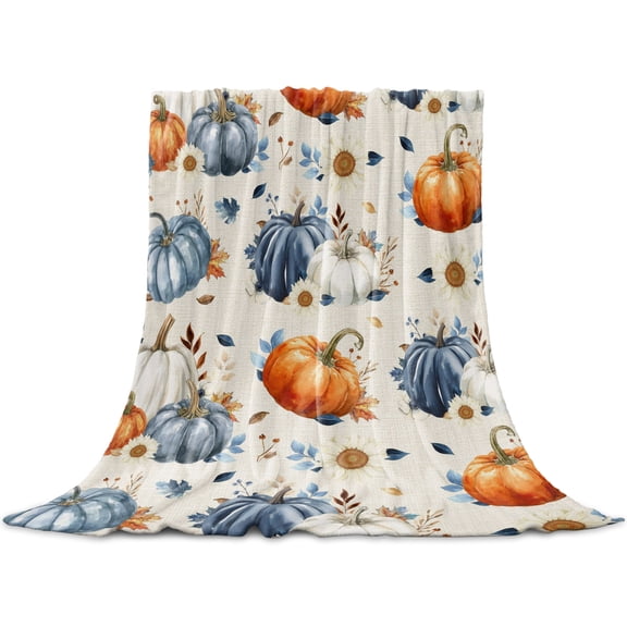 Fall Pumpkin Throw Blanket for Couch,Soft Lightweight Flannel Fleece Blanket,Thanksgiving Autumn Daisy Rustic Leaves Beige Microfiber Plush All Season Decorative Blankets for Sofa Office Lap 30"x40"