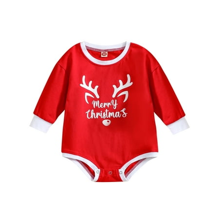 

Jkerther Baby Christmas Romper Long Sleeve Round Neck Letters Elk Print Casual Party Street Spring Fall Romper