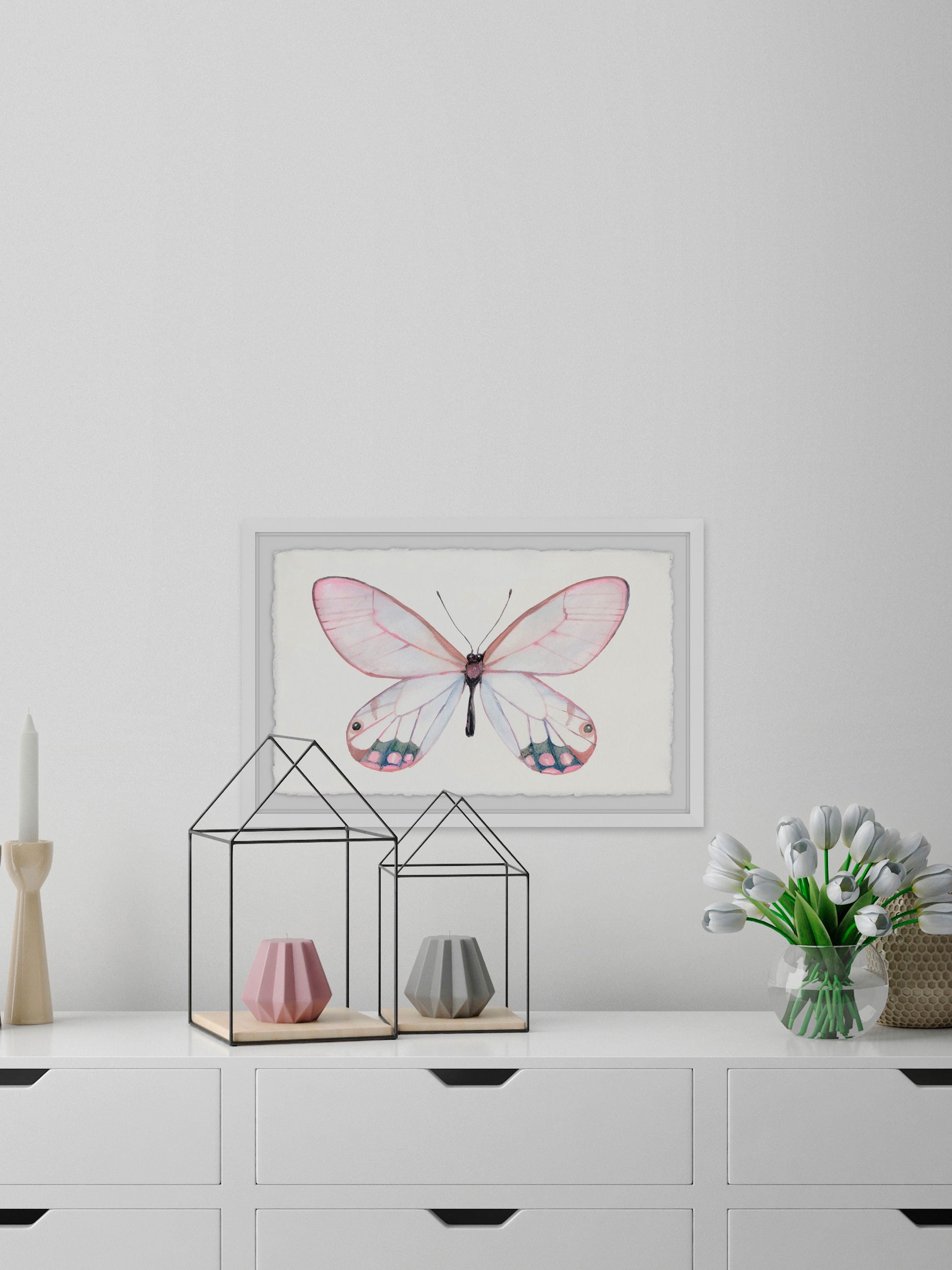 Pale Pink Butterfly Framed Painting Print