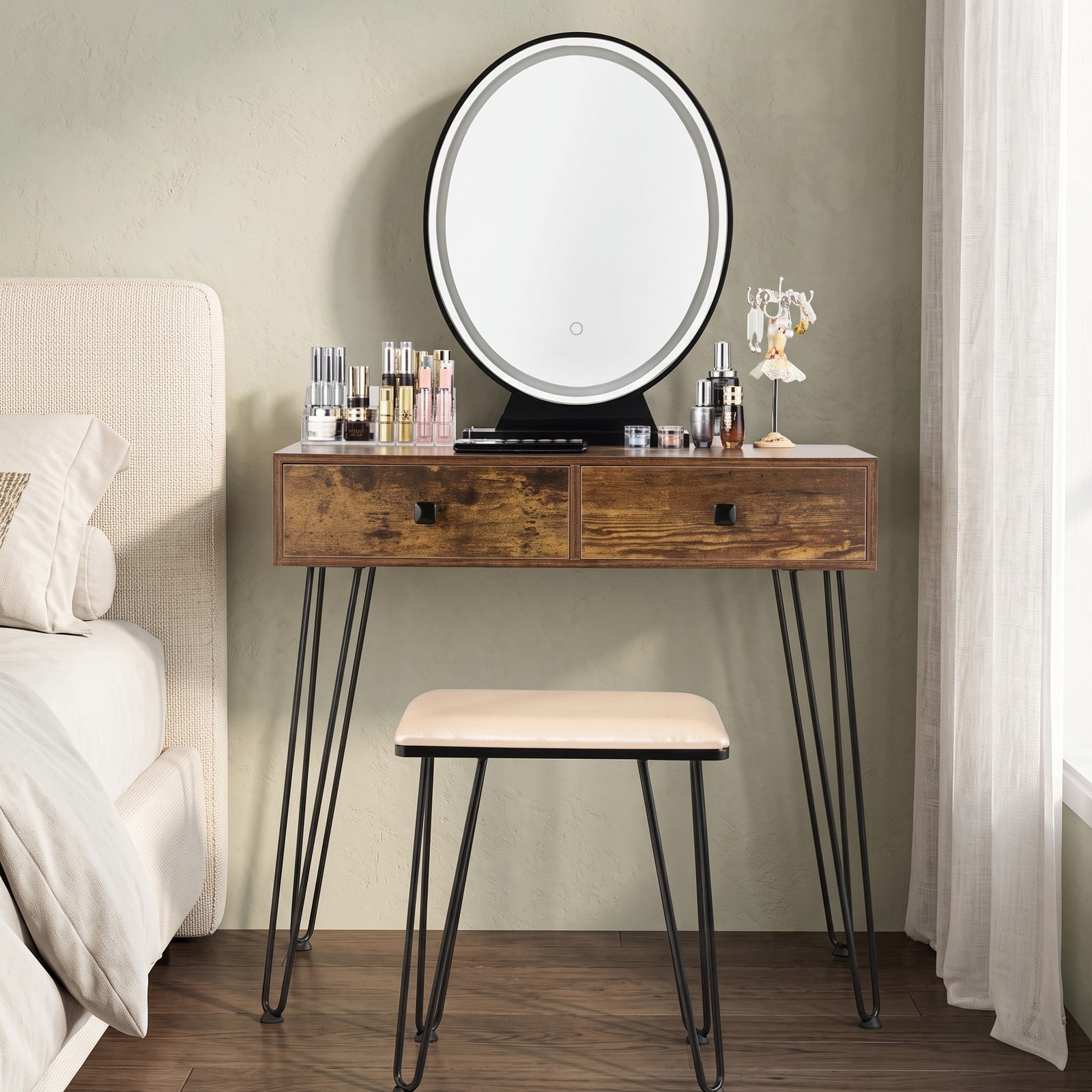 Furnibear Industrial Makeup Dressing Table with 3 Lighting Modes and Removable Mirror and Cushioned Stool for Bedroom, Rustic Brown