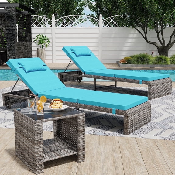Danrelax Chaise Lounge Set (Set of 2), Modern Outdoor Patio Furniture with Adjustable Backrest & Side Table, Durable PE Wicker, Weather Resistant Cushions, Blue
