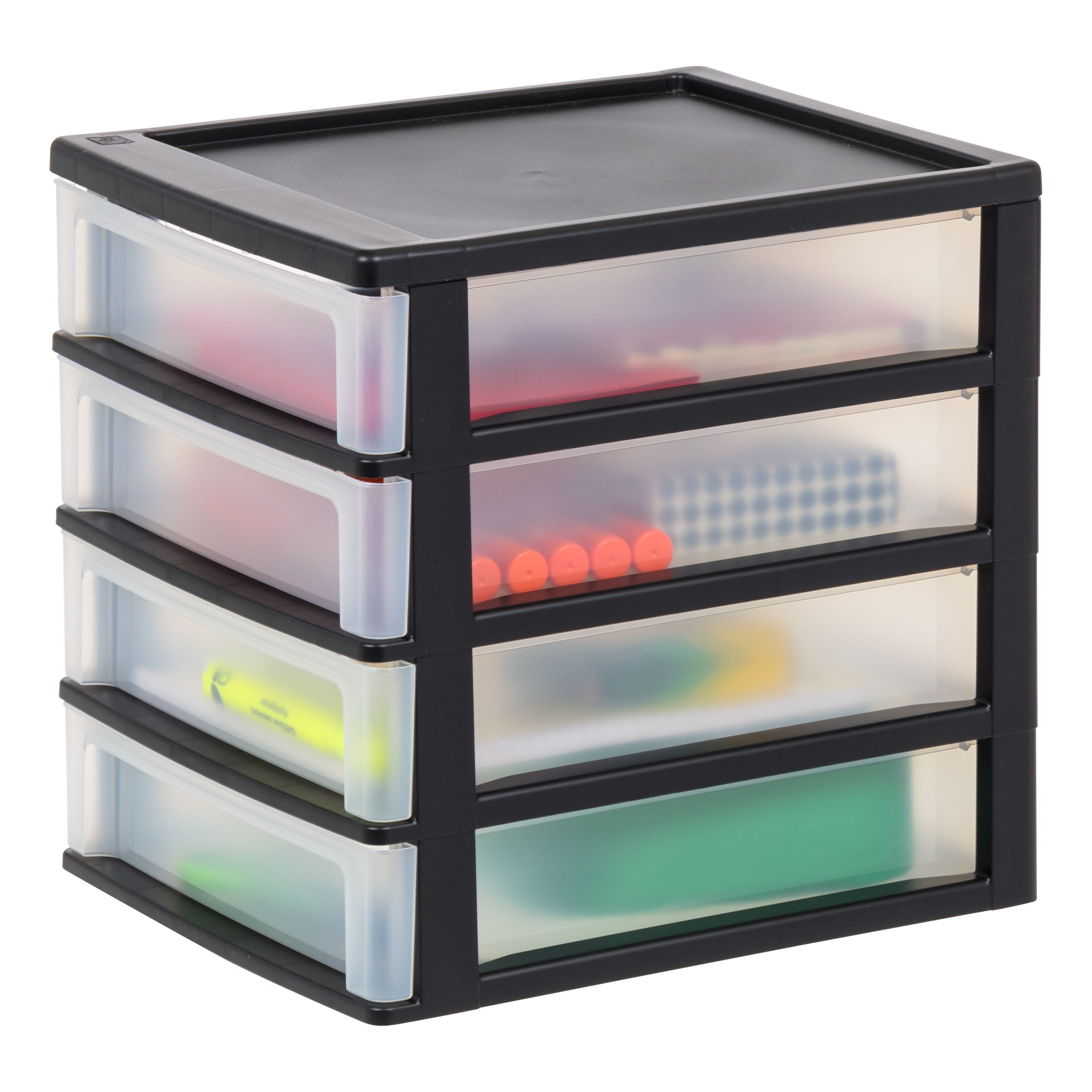IRIS Medium 4-Drawer Compact Desktop Organizer, Stacking Desktop Unit, Black-Clear, Single Pk