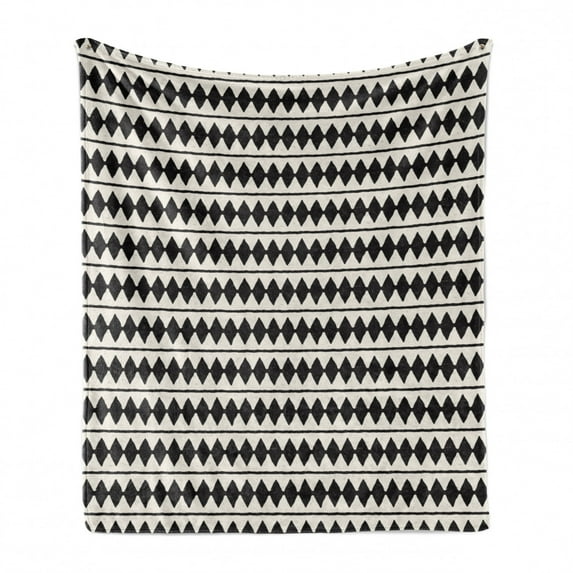 Chevron Soft Flannel Fleece Blanket, Retro Zigzag Pattern with Horizontal Stripes and Rhombus Shapes Grunge Effect, Cozy Plush for Indoor and Outdoor Use, 50" x 60", Ivory and Black, by Ambesonne
