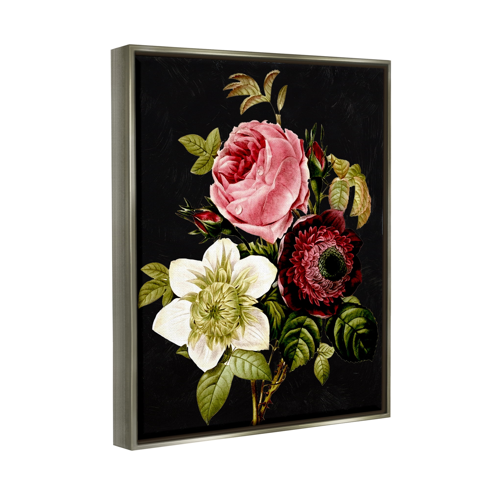 Stupell Industries Pink & Red Florals Botanical & Floral Painting Gray Floater Framed Art Print Wall Art, 17 x 21