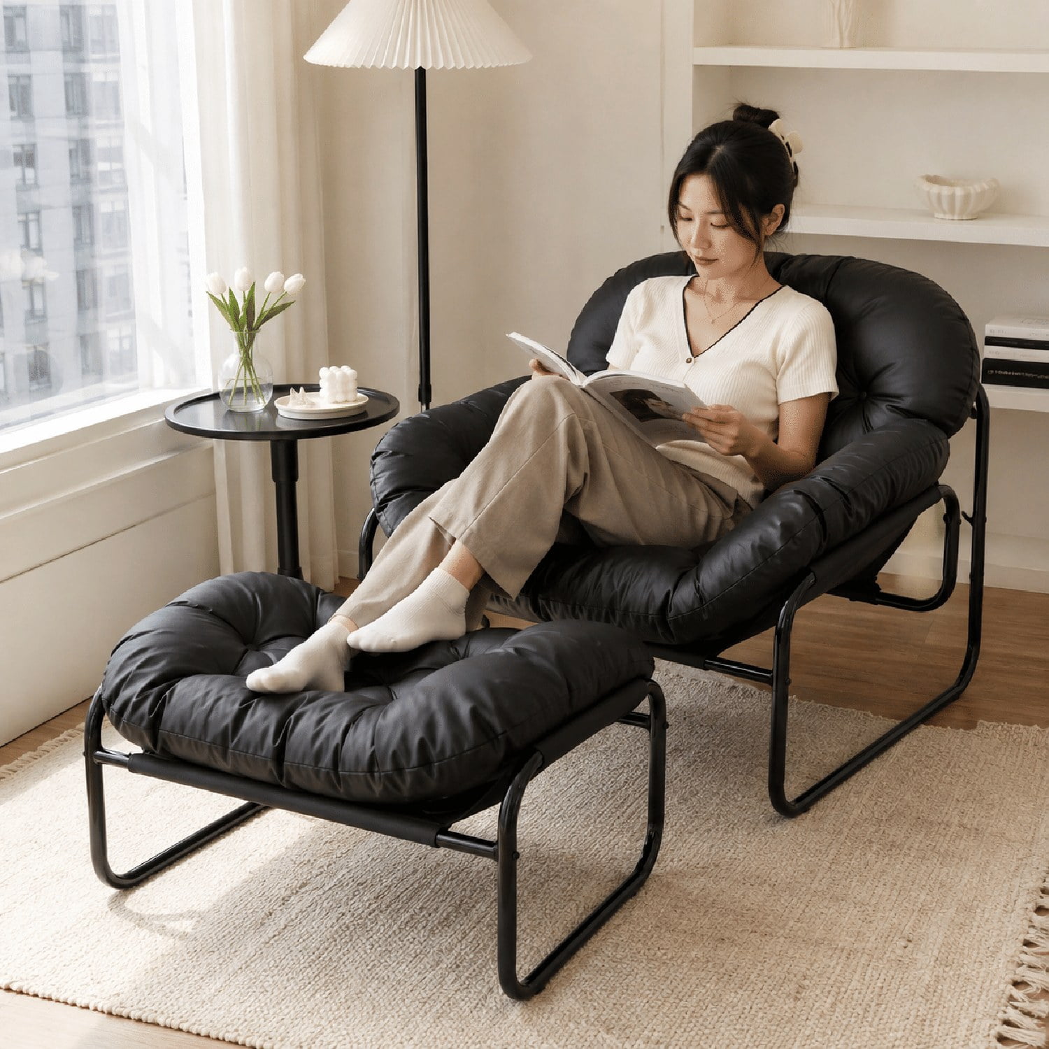 Lazy Chair with Footstool, Thick Cushioned Recliner with Faux Leather Upholstery and Stainless Steel Frame, Ergonomic Accent Chair for Living Room, Bedroom, Dorm