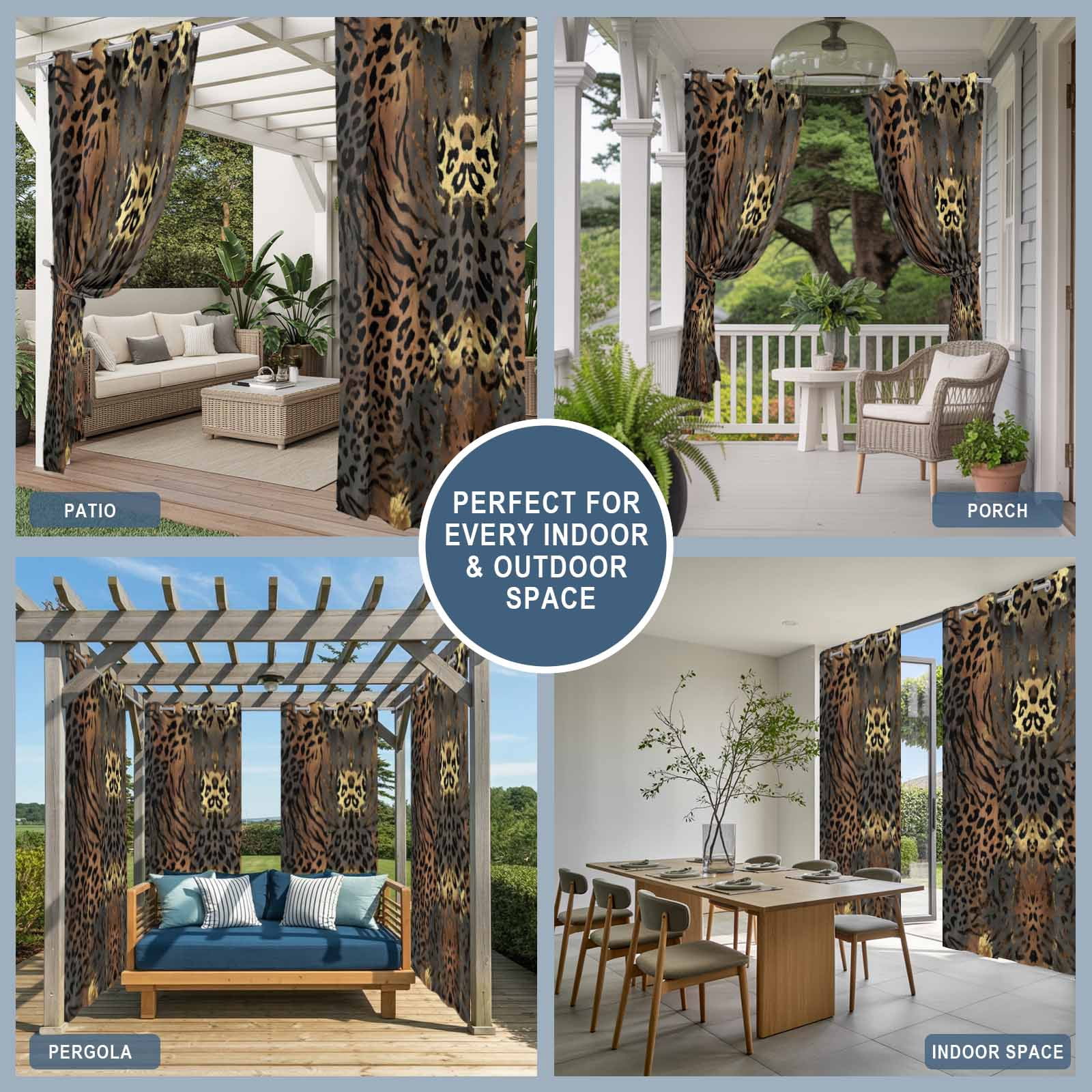 Leopard Print Outdoor Curtains for Patio, Ethnic Style Gold Black Gradient Fur Texture Sunshade Privacy Drapes Grommet Waterproof Outside Curtains for Porch/Cabana/Balcony 54"x 108", 1 Panel