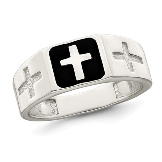 Mens Sterling Silver Enameled Cross Ring