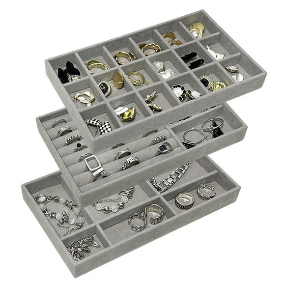 3 Pack Stackable Velvet Jewelry Trays Organizer, Jewelry Storage Box Display Trays Showcase Holder Closet Dresser Drawer Organizer for Earring Necklace Bracelet Ring Accessary,