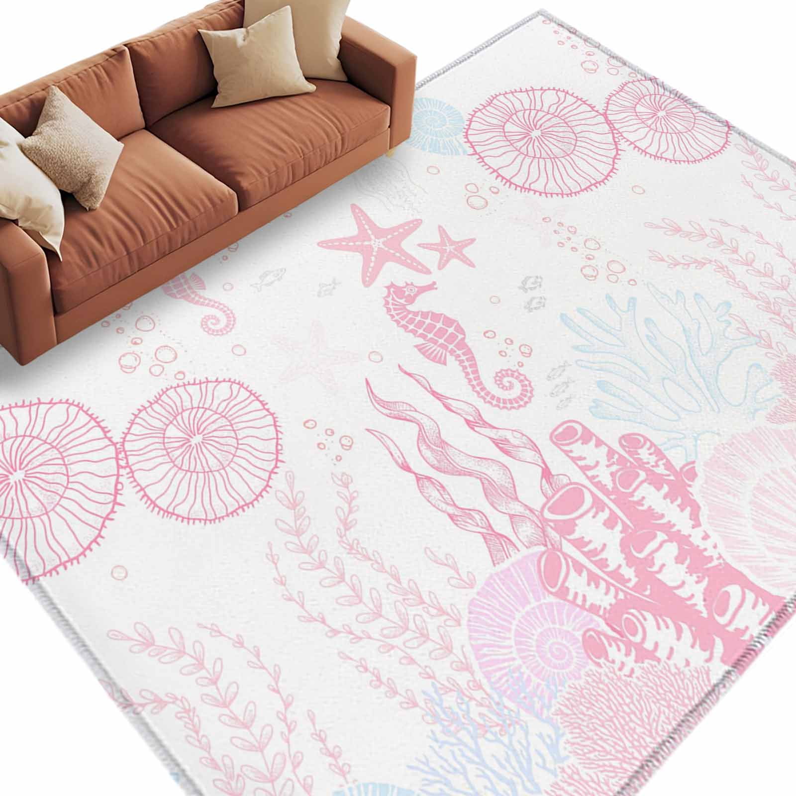 Rectangle Area Rugs 8 x 10 Ft, Coastal Pink Non-Slip Residential Carpet, Ocean Coral Starfish Jellyfish Seahorse Indoor Crawling Mats Runner Rugs for Living Room/Dining Room/Bedroom