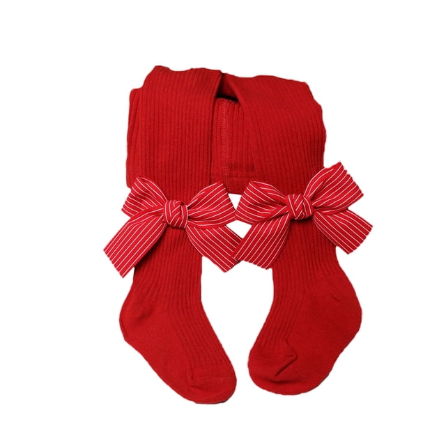 Diconna Infant Christmas Ribbed Pantyhose, Girls Stretch Mid-Rise Tights with Bows (Red)