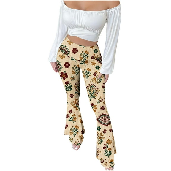 Hvot&aat Women's Vintage Printed Flared Pants High Waisted Modern Tight Fitting Bag Hip Casual Long Pants