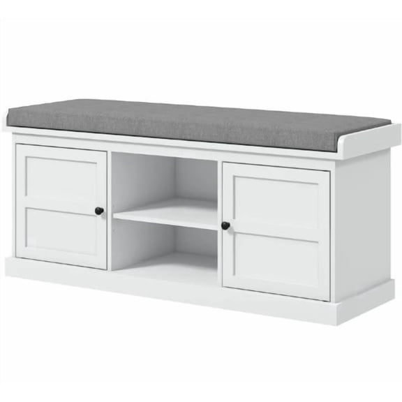 Nmkwnr Entryway Bench with 2 Doors and Open Shelves, Upholstered Seat Shoe Storage Bench for Living Room, Bedroom, Gray White