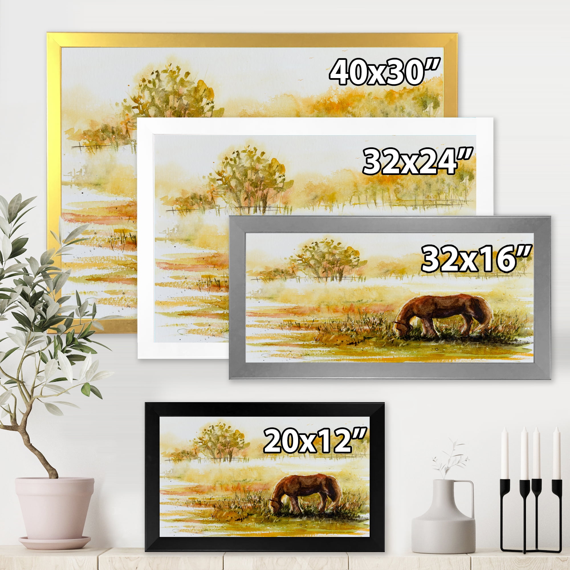 Designart 'Horse Eating Grass On A Meadow' Farmhouse Framed Art Print