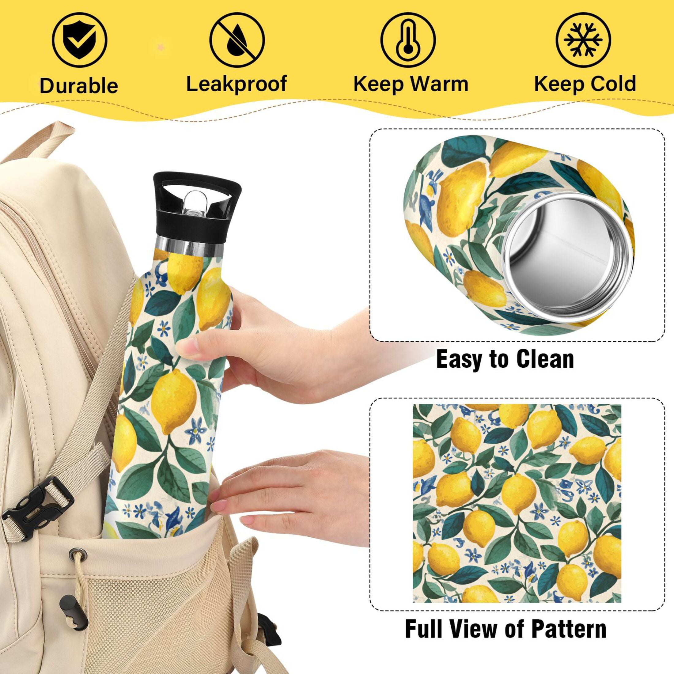 600ML Stainless Steel Insulated Cup Sports Water Bottle Portable Thermos Cup Water Glasses Insulated Tumblers Convenient and Durable Yellow Lemon Seamless