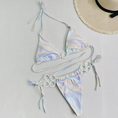 IDALL Bikini Sets Bathing Suit Women s Printed Lace Up Double Fabric Link Loop Split Bikini Swimwear Womens Swimsuits Micro Bikini Purple S