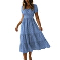 thumbnail image 3 of Bxsruta Women's Square Neck Short Sleeve Midi Dress Tiered Ruffle a Line Flowy Swing Dress Casual Elastic Waist Pull on Print Summer Spring Party for Daily Wear Beach Holiday, 3 of 8