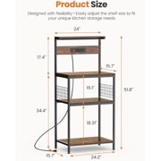 Beddle Kitchen Baker's Rack with Power Outlet, 23 Industrial 4-Tier Storage Shelf, Metal Frame with Rustic Wood Shelves