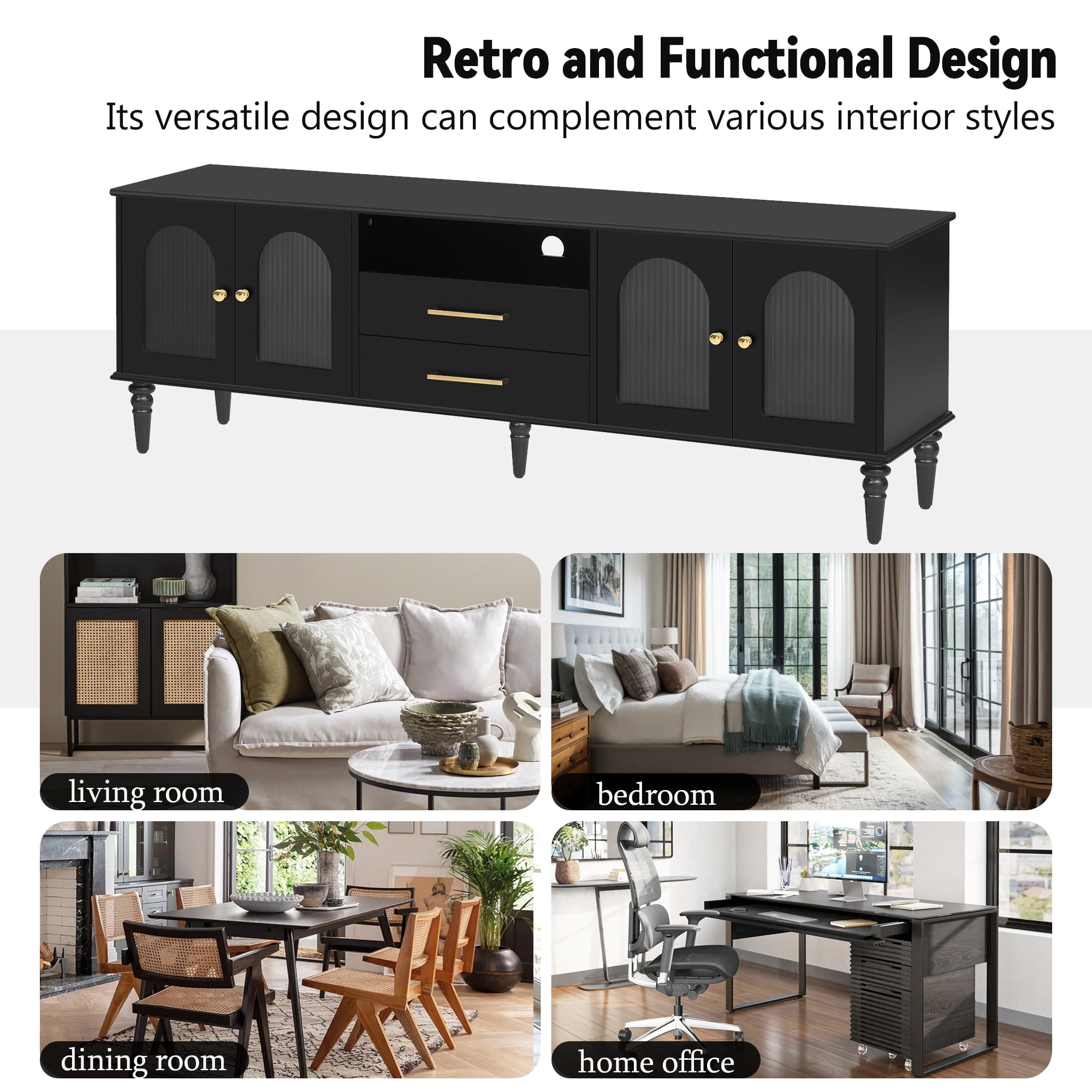 Harper & Bright Designs TV Stand with Fluted Glass Doors for 75 inch TV, TV Storage Cabinet Table with Drawers, Wood Media Console Table with Solid Wood Legs for Living Room, Black