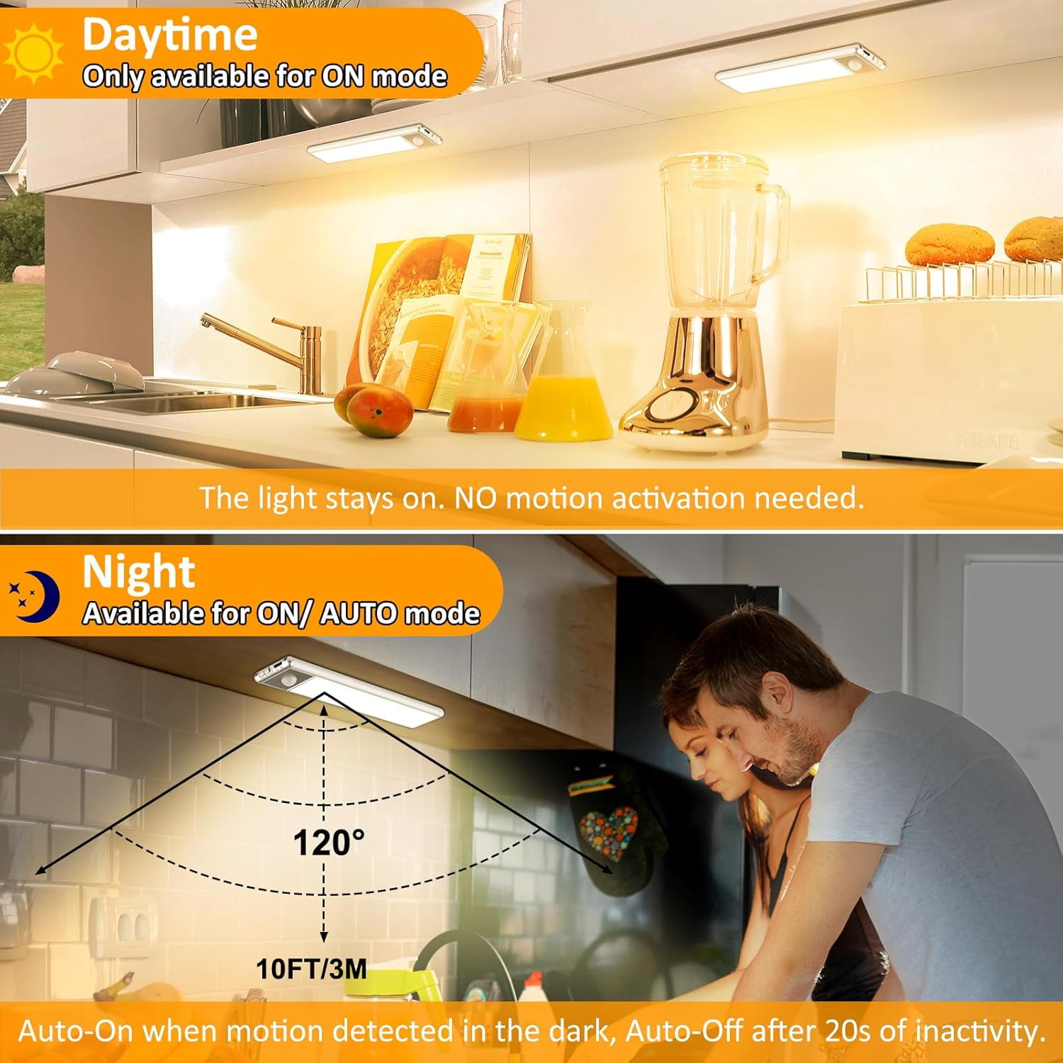 30-LED Motion Sensor Under Cabinet Lights, Magnetic Rechargeable Under Counter Closet Light, Wireless Night Light Bar Stick-On, 2-Pack, Cool White