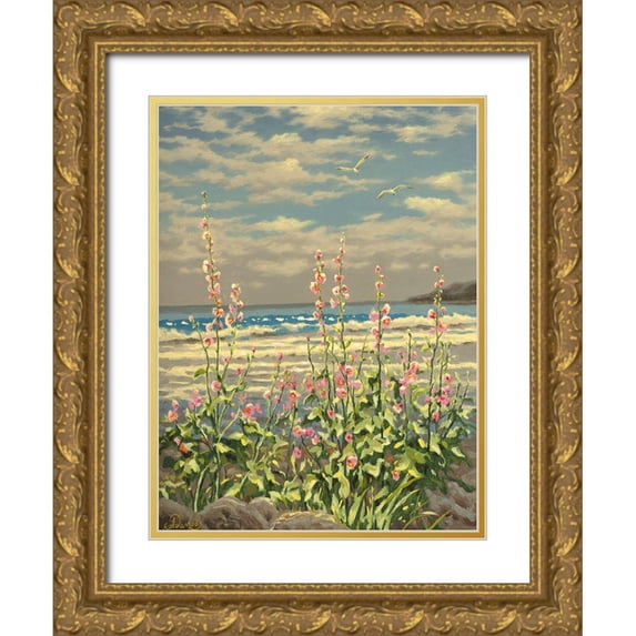Adamov, Alexey 15x18 Gold Ornate Wood Framed with Double Matting Museum Art Print Titled - Pink Flowers by the Sea
