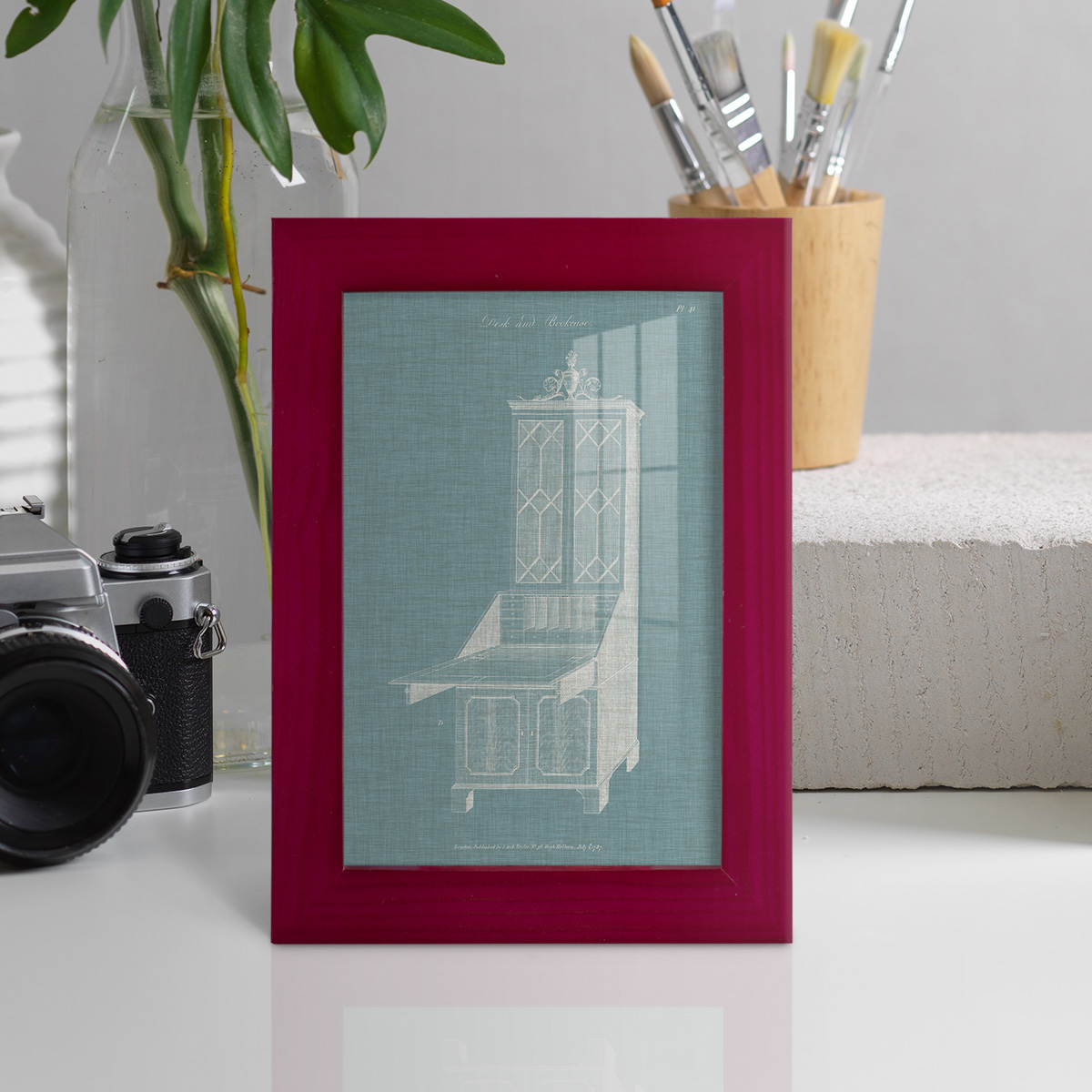 Hepplewhite Desk & Bookcase IV - Framed Print w/glass - Cherry Red