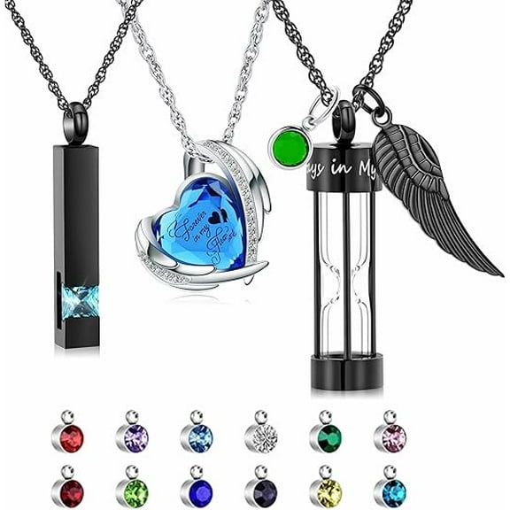3 Pack Cremation Jewelry for Ashes with 12 Birthstones / Cube Necklace Timeless Hourglass Memorial Pendant Keepsake Jewelry for Ashes Urn Necklaces for Women