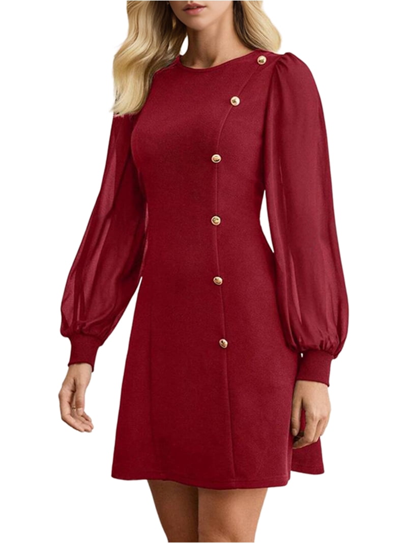 Womens Elegant Round Neck Lace Slim Long Sleeve Dress Fake Button Down Cocktail Pary Midi Dress Wine Red L
