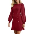 thumbnail image 3 of Women'S Elegant Mesh Mini Dress Crew Neck Long Sleeve Button Down Casual Business Short Party Dress Wine Red S, 3 of 8