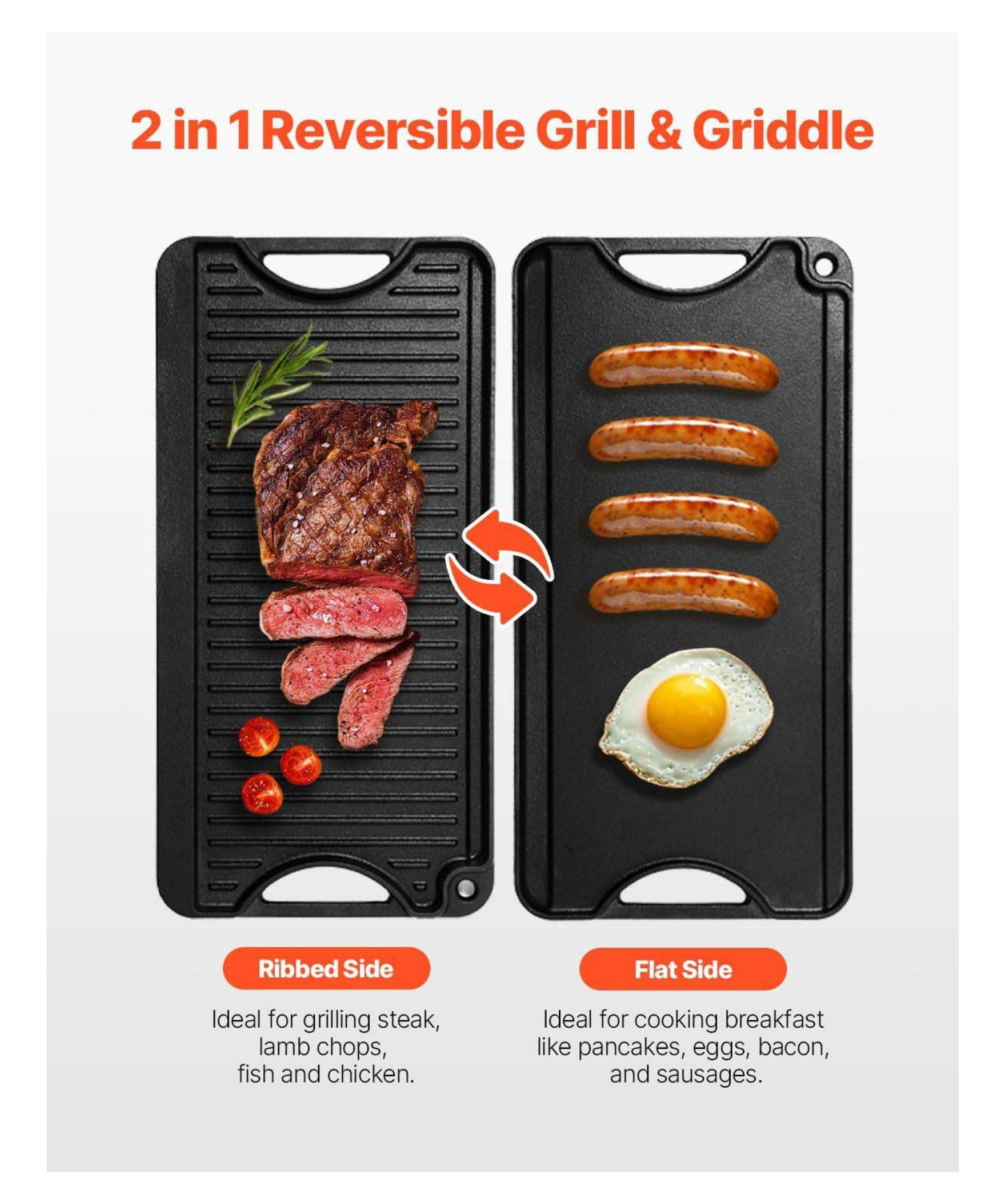 Cast Iron Griddle & Grill Pan - 20x10 Inch Pre-Seasoned Reversible Cookware for Stovetop, Gas, Camping - Indoor Outdoor BBQ Family Size Black