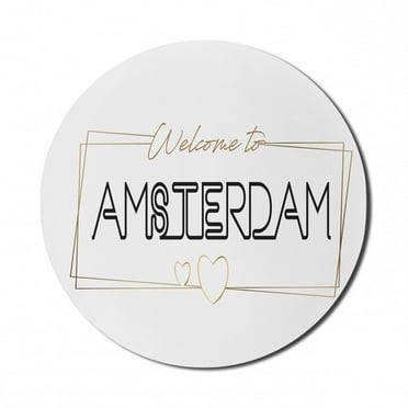 Amsterdam Mouse Pad for Computers, Welcoming Cursive Typography and Hearts on a Plain Background, Round Non-Slip Thick Rubber Modern Gaming Mousepad, 8" Round, White Charcoal Grey, by Ambesonne