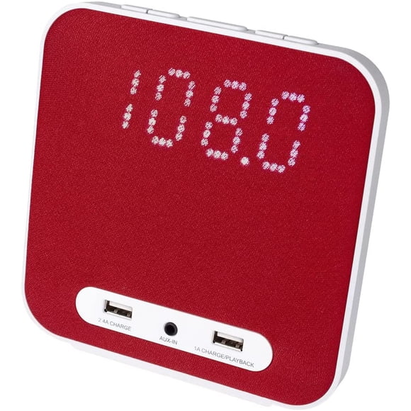 HANNLOMAX HX-145CR Alarm Clock Radio, PLL FM Radio, Digital Clock with Dual Alarm, 2 USB Ports for 2.4A and 1A Charging, Aux-in, AC Power Operation only. (Red)