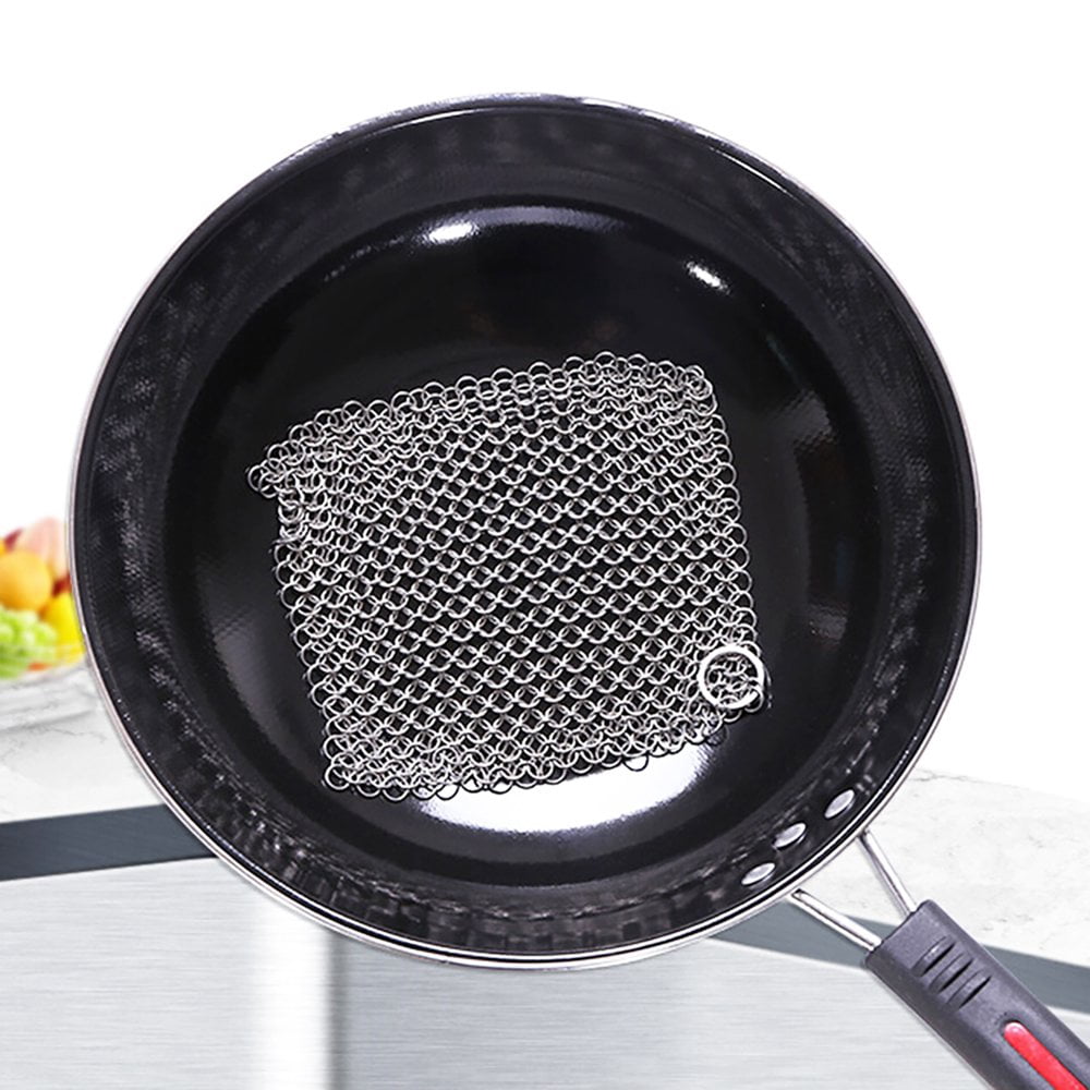 POINTERTECK Square Stainless Steel Cast Iron Skillet Cleaner with Hanging Ring Practical Efficient Chainmail Cleaning Scrubber Kitchen Accessories