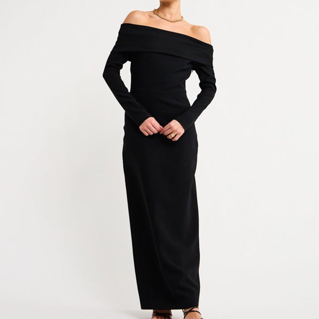 Vestidos largos de dama Vestido maxi sólido con dobladillo dividido Elegante traje de calle de manga larga FLhrweasw Nuevo