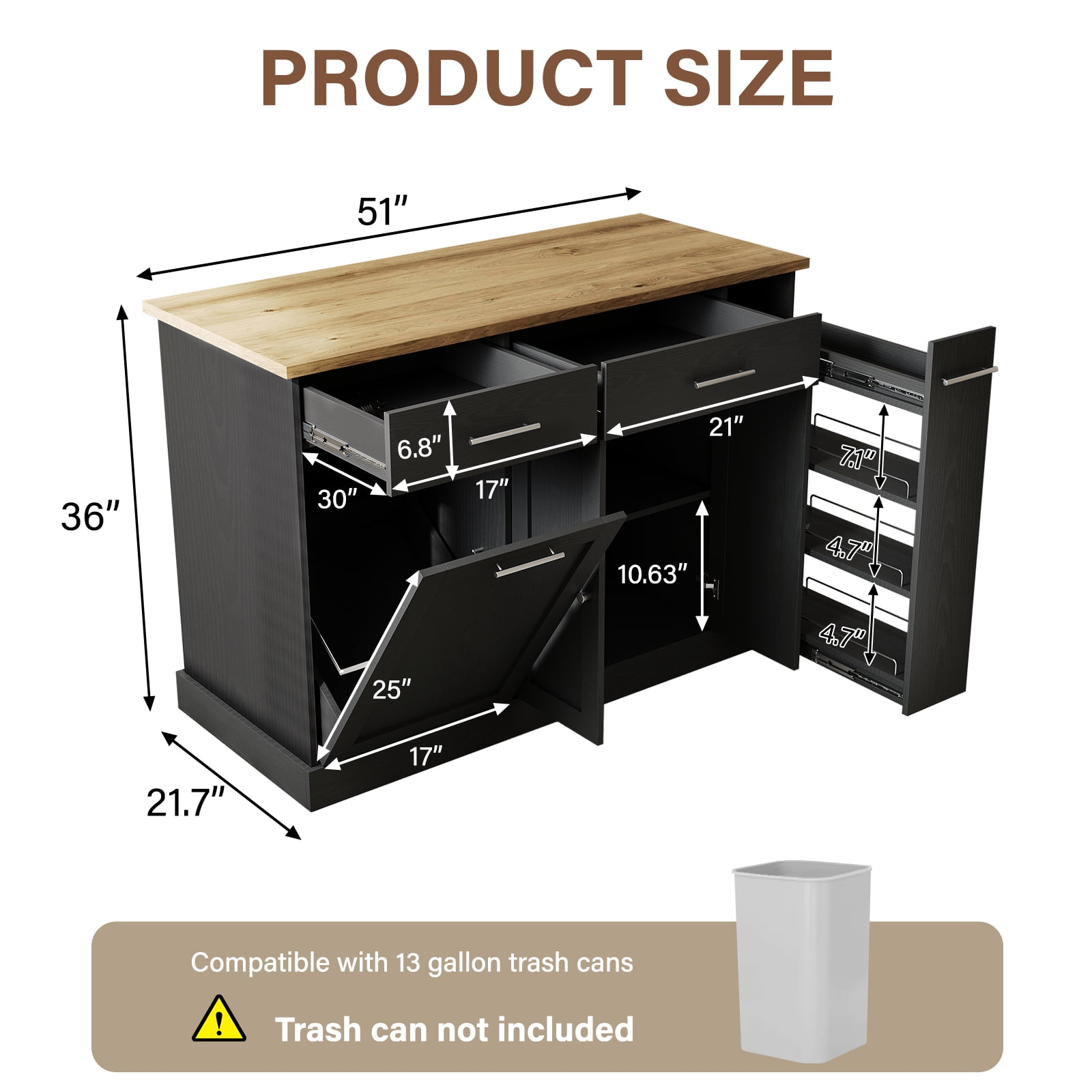 4 EVER WINNER Rolling Kitchen Island on Wheels, Mobile Kitchen Cart with Trash Can Storage, Spice Rack & Towel Rack, Kitchen Island Table with Storage, Easy-Move Kitchen Storage Island, Black