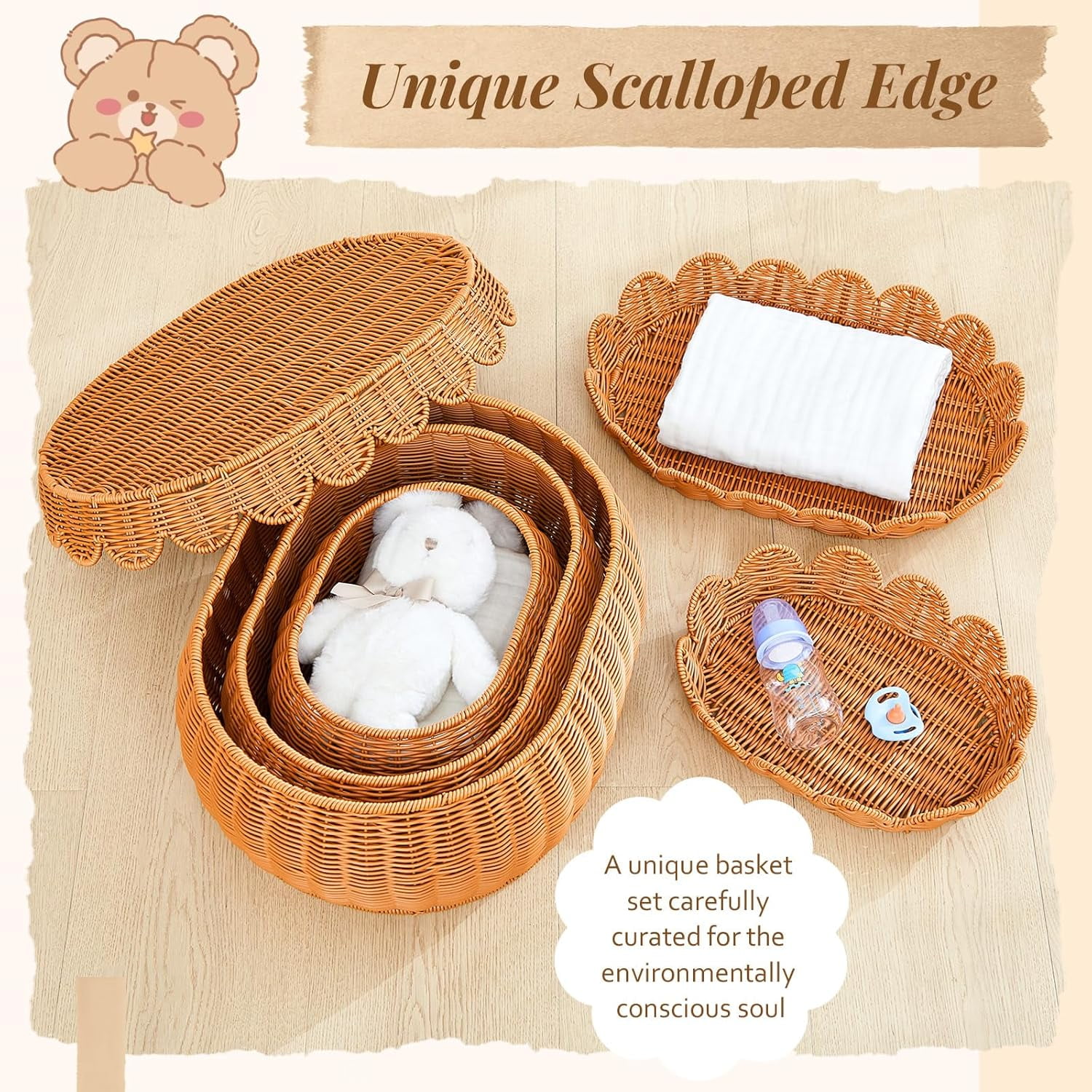 3 Pcs Scalloped Basket, Hand Woven Rattan Basket Set Round Wicker Basket with Lid 18 x 14 x 6 In Wicker Storage Basket for Storage Nursery, Baby, Clothes, Toys Bathroom Decor (S+M+L)