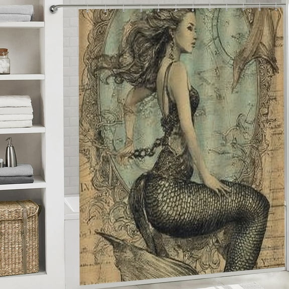 Christmas Shower Curtain, Vintage Mermaid Sign Christmas Curtain with Hooks for Home Bathroom Decor Washable Curtains, 72x72 in