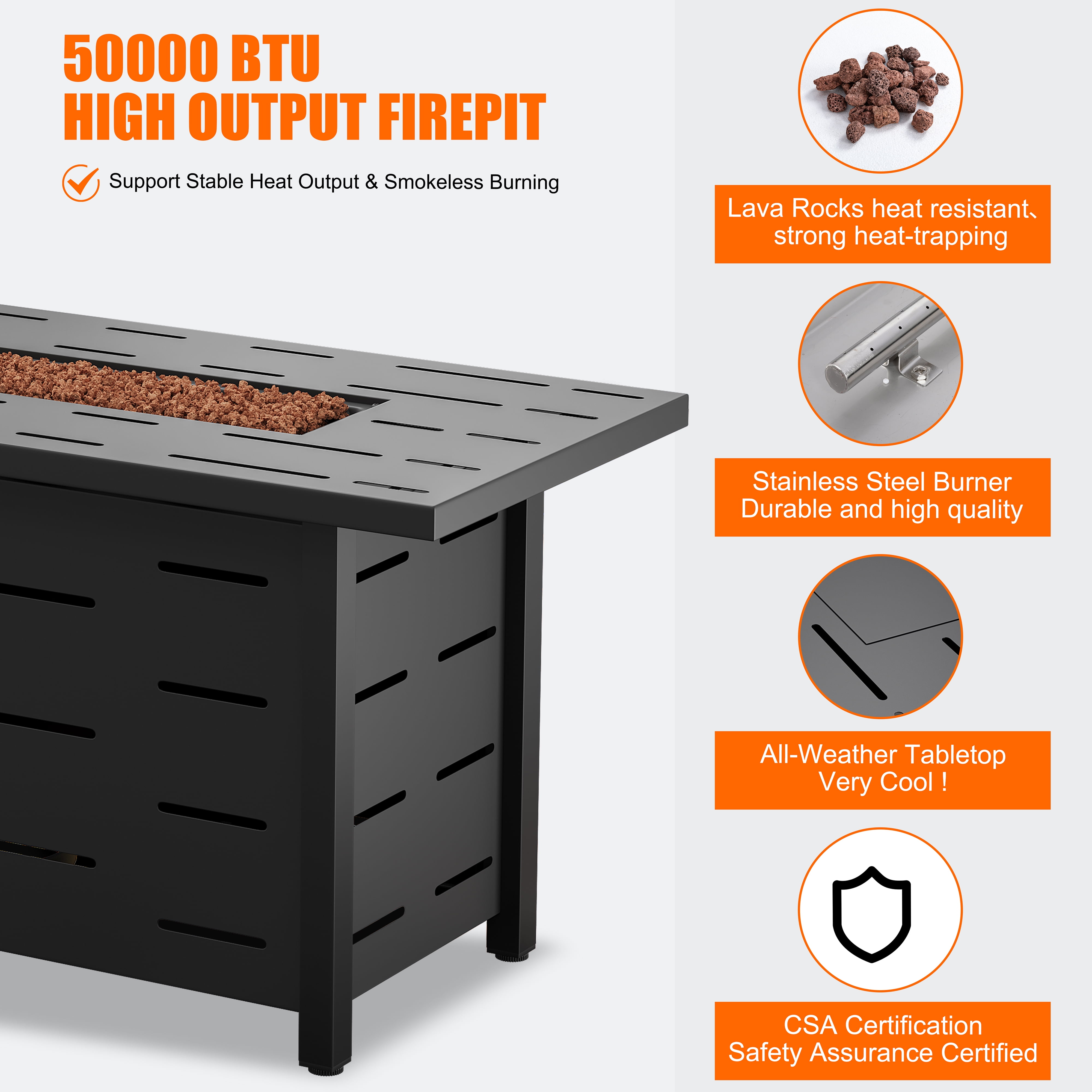 Walsunny 43 inch Gas Fire Pit Table 50,000 BTU Outdoor Rectangular Propane Fire pit Table with Waterproof Cover
