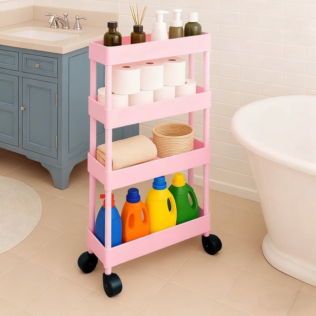 Pinksheep Carro de Almacenamiento con Ruedas Delgado, Organizador de Baño de 4 Niveles, Estantería con Ruedas para Cocina, Rosa