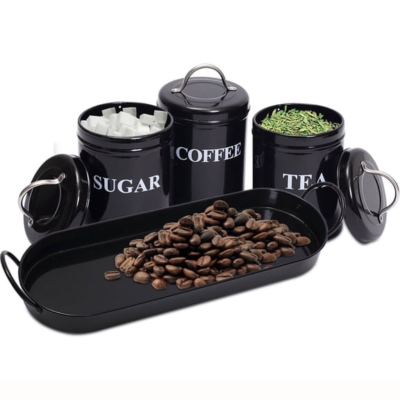 Pethiy Coffee Container Set, 3Pcs Black Metal Airtight Canisters with Lids & Serving Tray, Sealed Storage Jars for Coffee, Tea & Sugar, Kitchen Countertop Organization