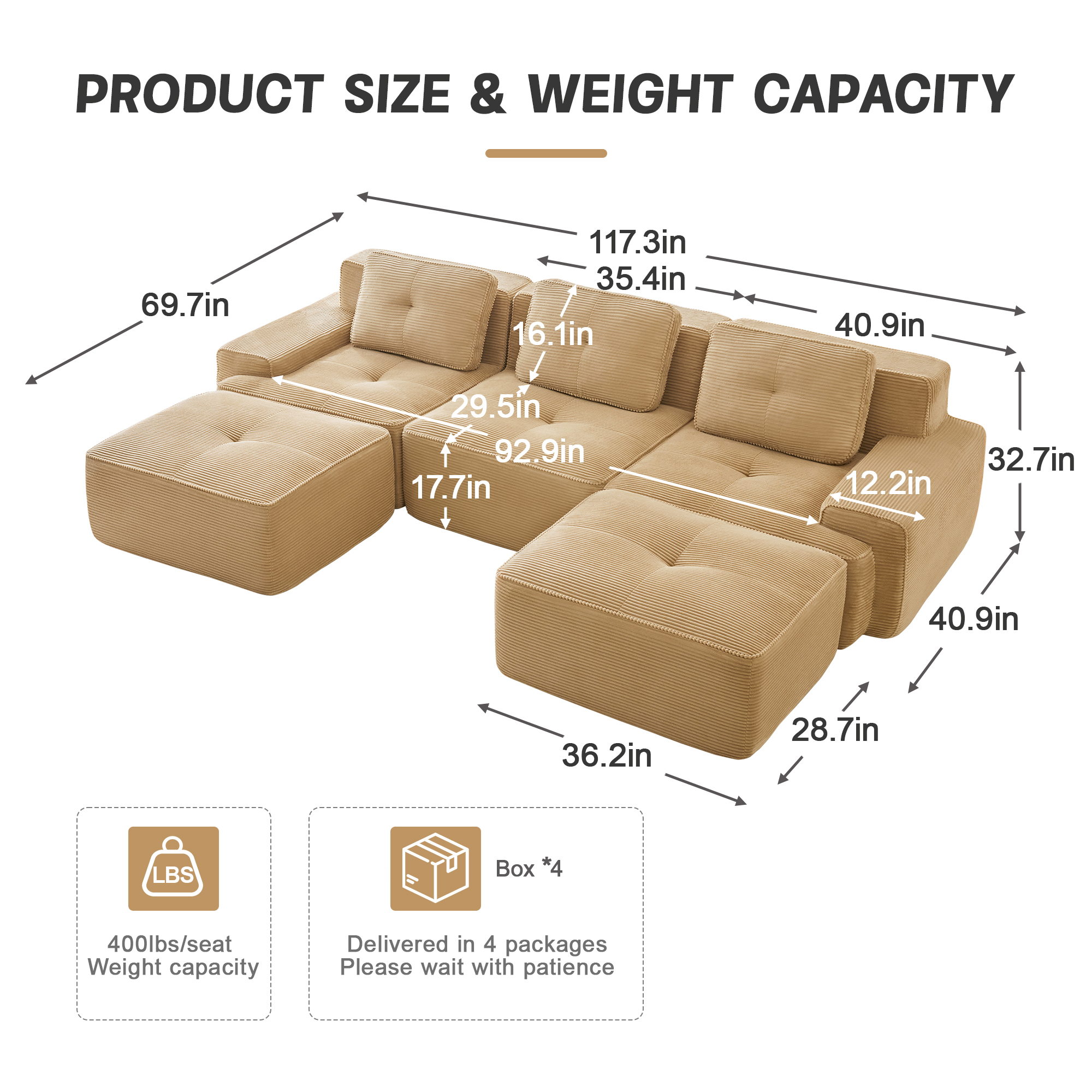 MOONMISS 117" Modern Corduroy Boneless Love Seat Couches with 2 Ottoman, 3 Seater Large Sectional Couches for Living Room, No Assembly，Khaki