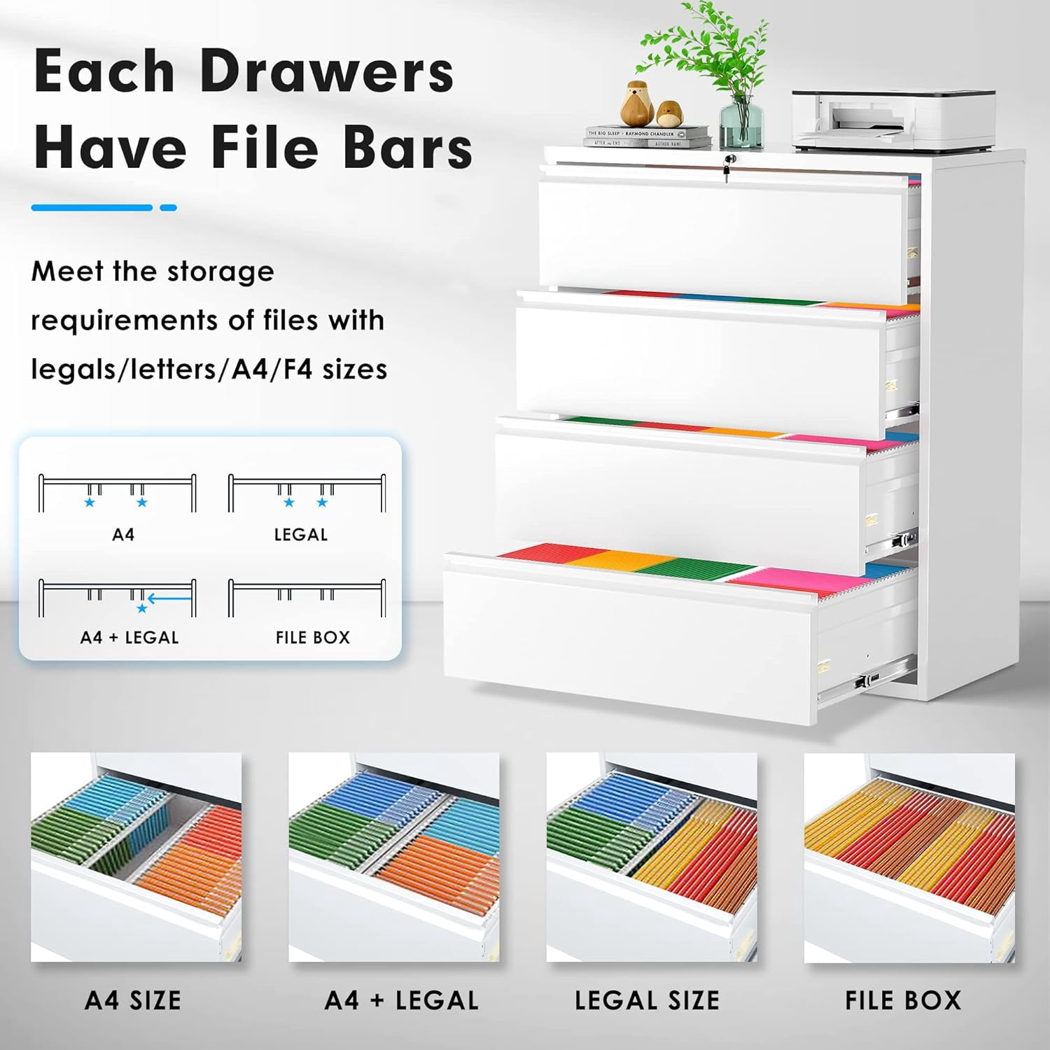 SOLAURA Metal Lateral File Cabinet with 4 Drawers for Office, Home, School, White