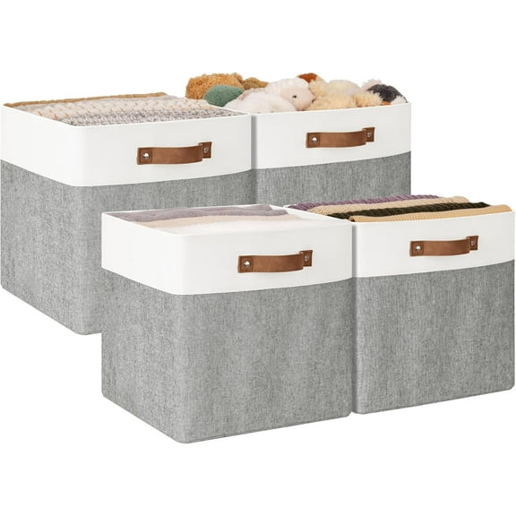 13x13 Inches Storage Cube, Fabric Storage Bins with PU Handles, Collapsible Organizer Baskets for Closet, Gray and White, 4-Pack