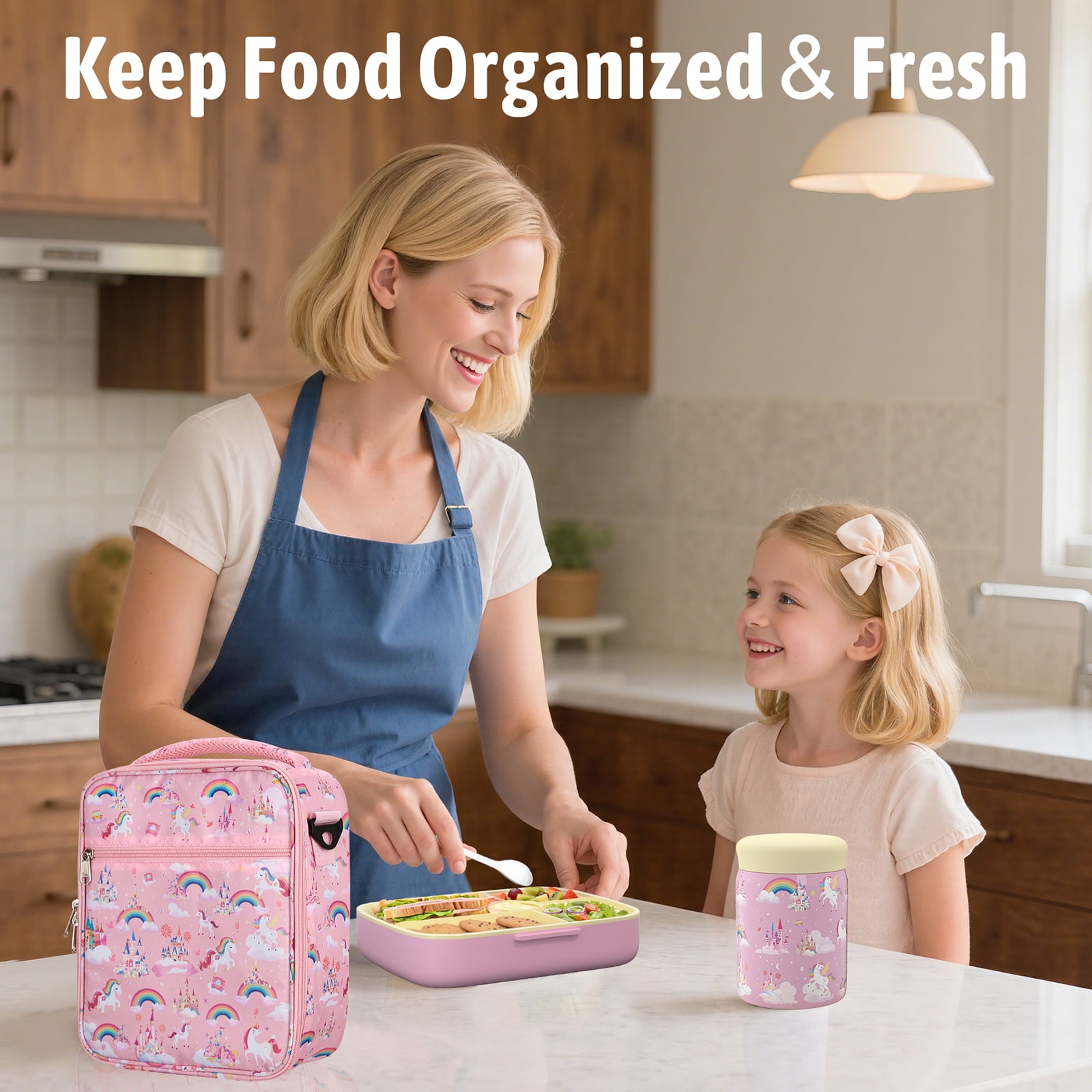 TeSabMi Bento Lunch Box for Kids Insulated Bento Box with Leak Proof Thermos Food Jar Pink Unicorn