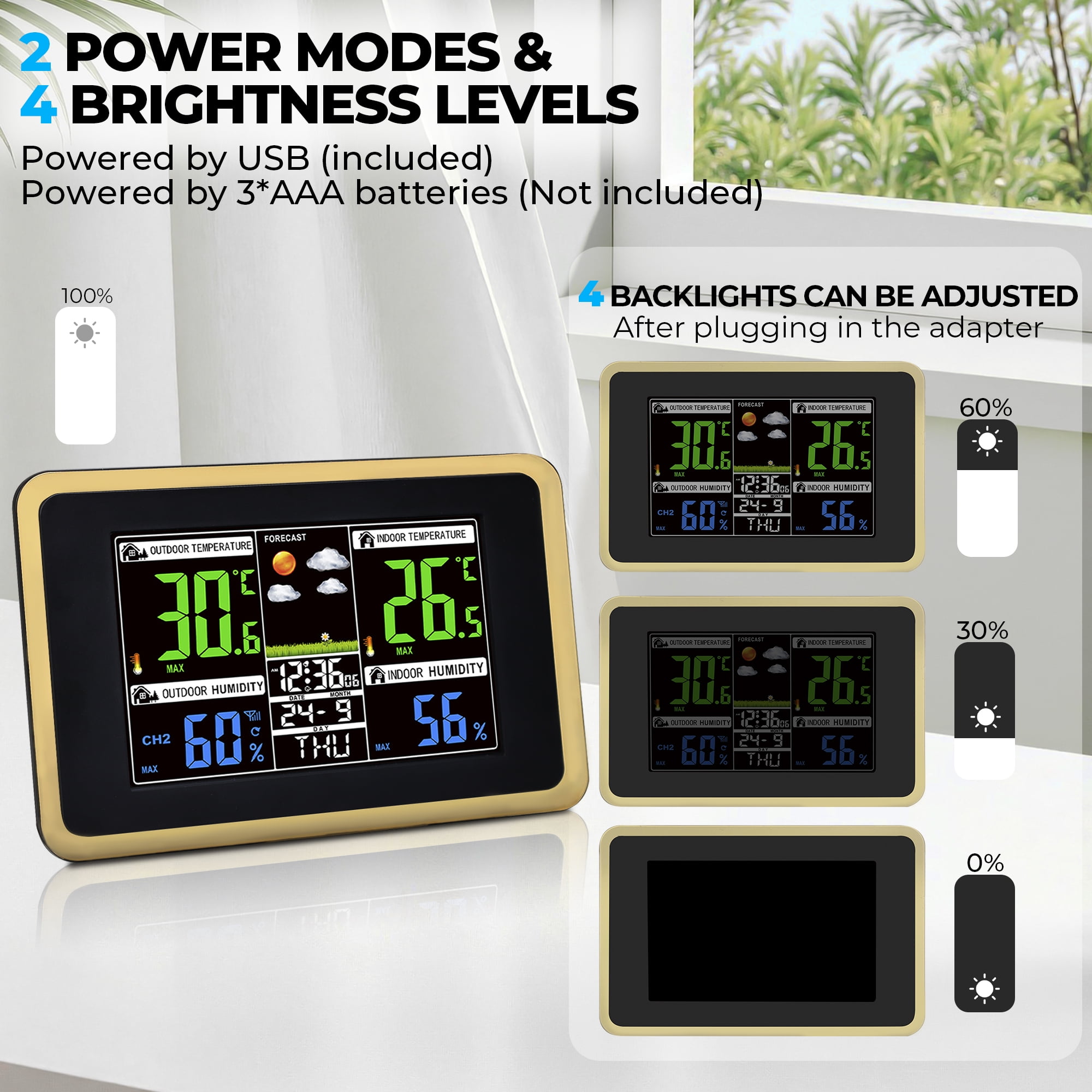 AOLIGO Wireless Weather Station, Color Display with Indoor Outdoor Thermometer, Forecast, Alarm and Calendar, Black