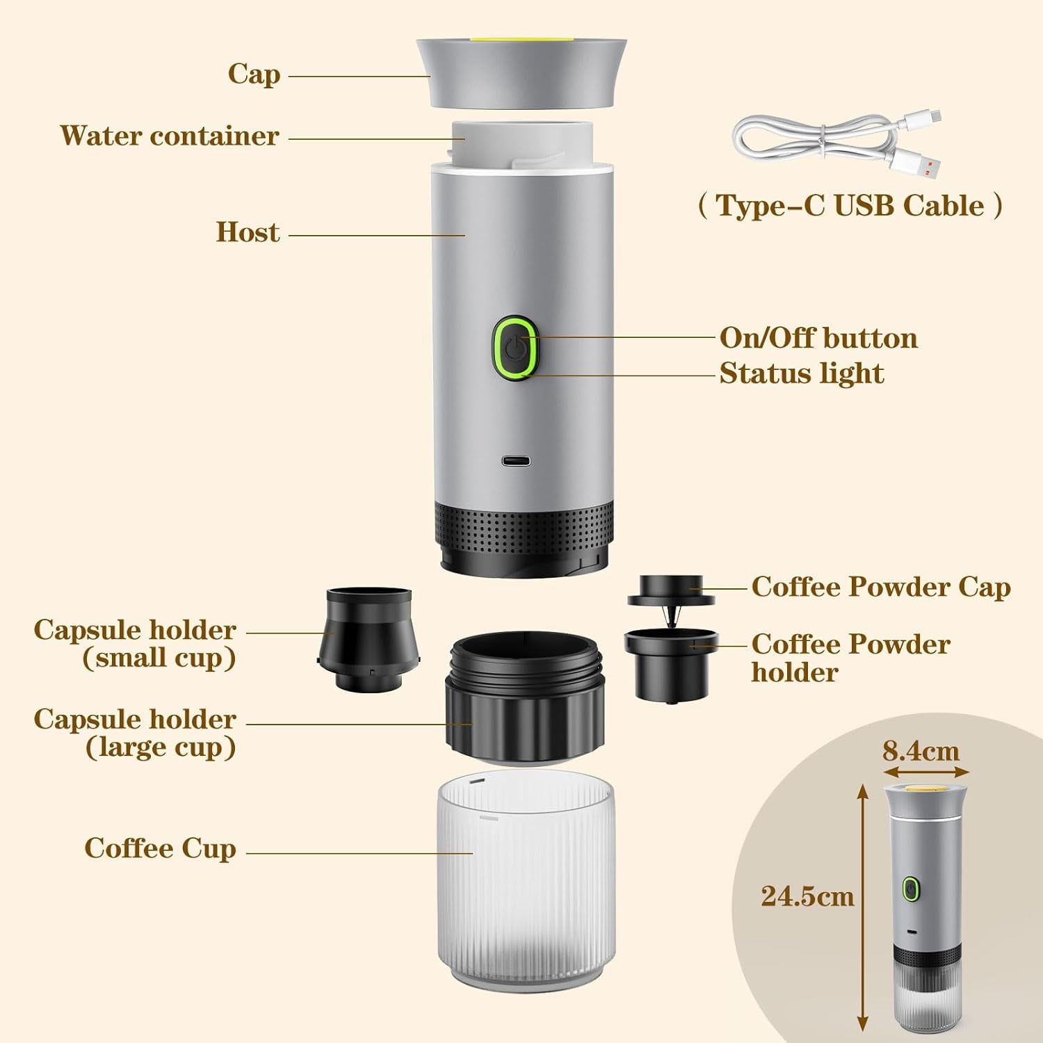 Portable Espresso Maker, Travel Coffee Maker for camping, Portable Espresso Machine with USB-C, 3-in-1 Small Espresso Machine with Ground Coffee & Capsules (NS＆DG) for RV, Hiking