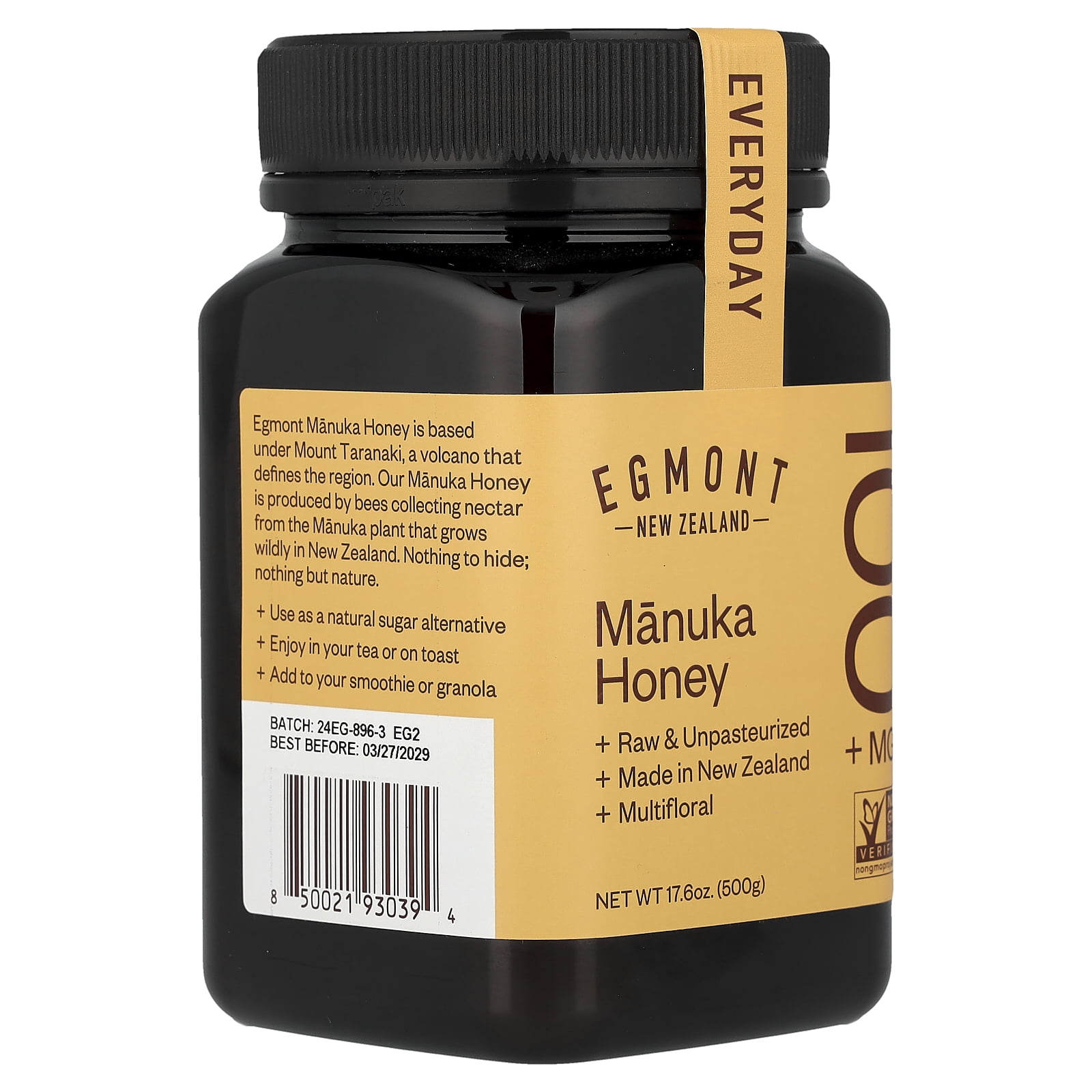 Egmont Honey Manuka Honey, Raw & Unpasteurized, MGO 100+, 17.6 oz (500 g)