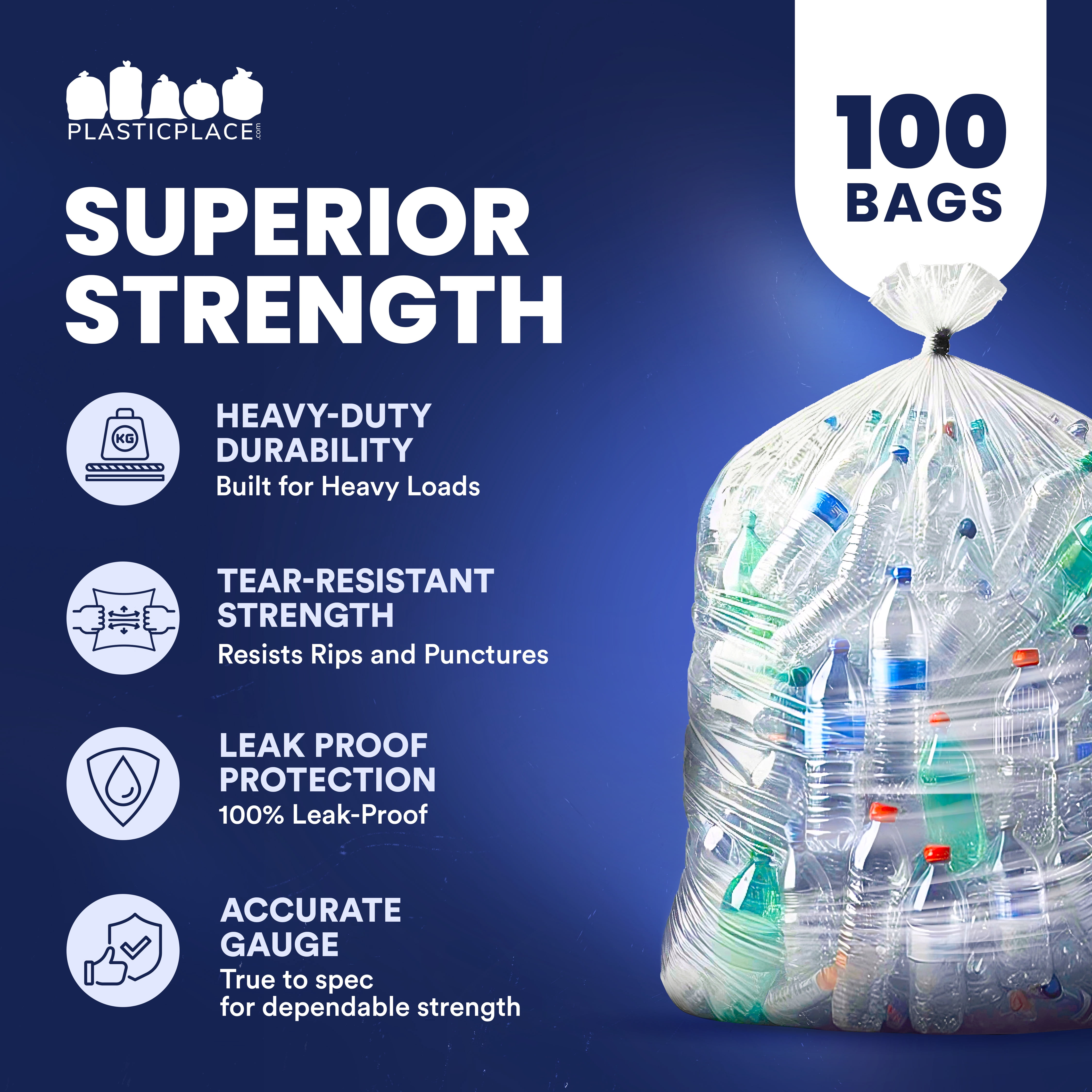 Plasticplace 56 Gallon Clear Trash Bags, Heavy-Duty Garbage Can Liners, Tear & Leak-Resistant, Large Low-Density Trash Bags Commercial Residential Use, Fits Glutton Trash Cans (100 Count) 1.5 Mil