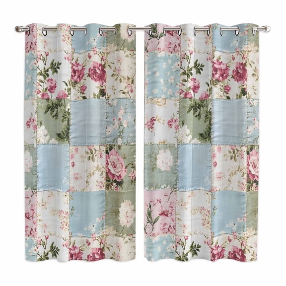 Green Blue Pink Botanical Kitchen Curtains 63 Inch Length, Spring Floral Vintage Grommet Top Bedroom Living Room Curtains, Light Filtering Cafe Curtain Drapes 2 Panels Set 84''x63''
